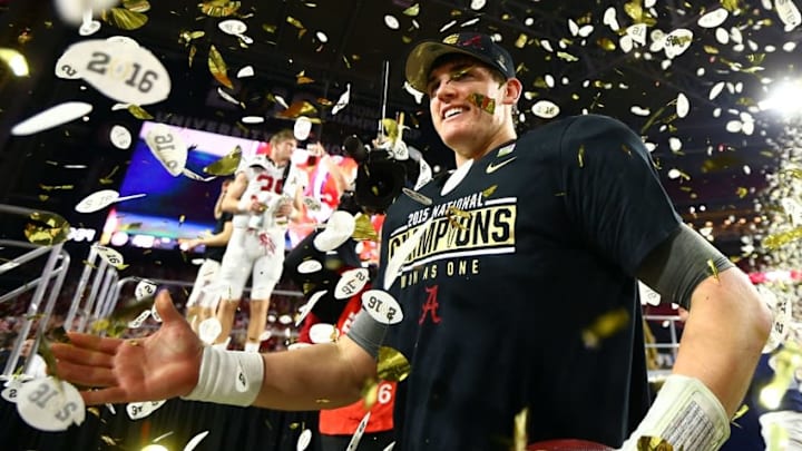 Jan 11, 2016; Glendale, AZ, USA; Alabama Crimson Tide quarterback Jake Coker (14) celebrates on the field after defeating the Clemson Tigers in the 2016 CFP National Championship at University of Phoenix Stadium. Mandatory Credit: Mark J. Rebilas-USA TODAY Sports