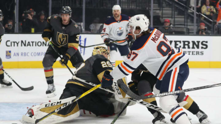 LAS VEGAS, NEVADA - NOVEMBER 23: Connor McDavid #97 of the Edmonton Oilers scores a goal during the first period against the Vegas Golden Knights at T-Mobile Arena on November 23, 2019 in Las Vegas, Nevada. (Photo by Zak Krill/NHLI via Getty Images)