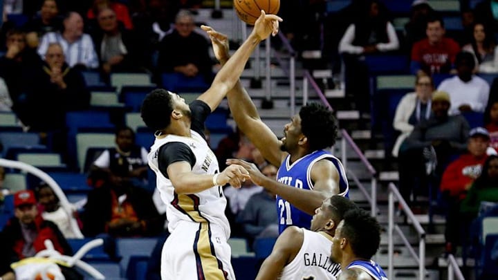 Dec 8, 2016; New Orleans, LA, USA; New Orleans Pelicans forward Anthony Davis (23) blocks a shot by Philadelphia 76ers center Joel Embiid (21) during the second half of a game at the Smoothie King Center. The 76ers defeated the Pelicans 99-88. Mandatory Credit: Derick E. Hingle-USA TODAY Sports