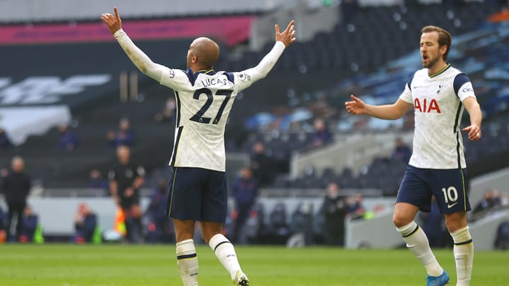 LONDON, ENGLAND – FEBRUARY 28: Lucas Moura of Tottenham Hotspur celebrates after scoring their side’s third goal during the Premier League match between Tottenham Hotspur and Burnley at Tottenham Hotspur Stadium on February 28, 2021 in London, England. Sporting stadiums around the UK remain under strict restrictions due to the Coronavirus Pandemic as Government social distancing laws prohibit fans inside venues resulting in games being played behind closed doors. (Photo by Julian Finney/Getty Images)