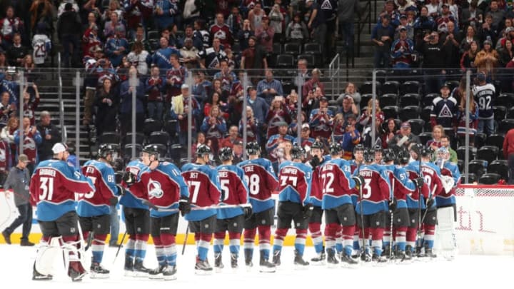 DENVER, CO - OCTOBER 04: Members of the Colorado Avalanche celebrate a win against the Minnesota Wild at the Pepsi Center on October 4, 2018 in Denver, Colorado. The Avalanche defeated the Wild 4-1. (Photo by Michael Martin/NHLI via Getty Images)