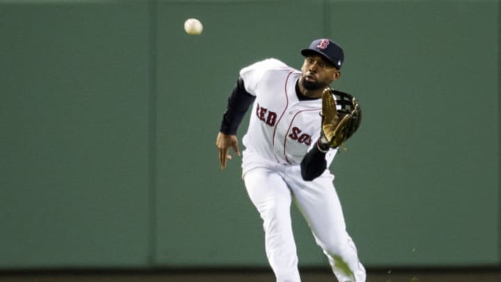 BOSTON, MA - OCTOBER 14: Jackie Bradley Jr. #19 of the Boston Red Sox catches a fly ball during the seventh inning of game two of the American League Championship Series against the Houston Astros on October 14, 2018 at Fenway Park in Boston, Massachusetts. (Photo by Billie Weiss/Boston Red Sox/Getty Images)