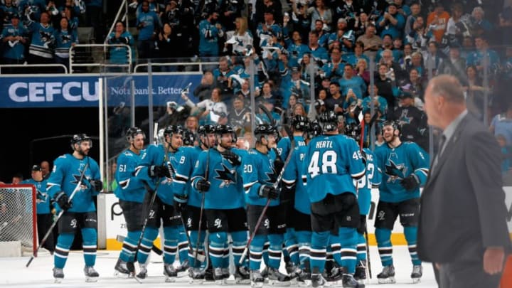 SAN JOSE, CA - MAY 2: The San Jose Sharks celebrate a win against the Vegas Golden Knights in Game Four of the Western Conference Second Round during the 2018 NHL Stanley Cup Playoffs at SAP Center on May 2, 2018 in San Jose, California. The Sharks defeated the Golden Knights 4-0. (Photo by Don Smith/NHLI via Getty Images) *** Local Caption ***