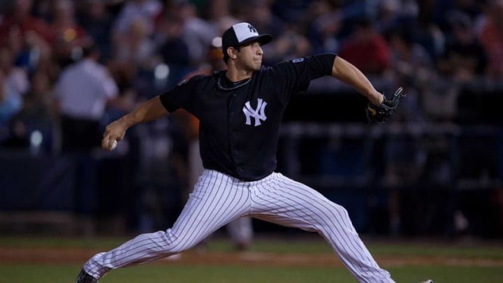 Mar 18, 2016; Tampa, FL, USA; New York Yankees starting pitcher Luis Cessa (85) pitches against the Baltimore Orioles during the game at George M. Steinbrenner Field. The Orioles defeat the Yankees 11-2. Mandatory Credit: Jerome Miron-USA TODAY Sports