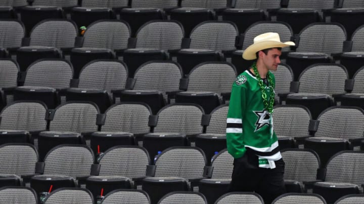 DALLAS, TEXAS - MAY 29: A Dallas Stars fan reacts after the Vegas Golden Knights beat the Dallas Stars 6-0 in Game Six of the Western Conference Final of the 2023 Stanley Cup Playoffs at American Airlines Center on May 29, 2023 in Dallas, Texas. (Photo by Richard Rodriguez/Getty Images)