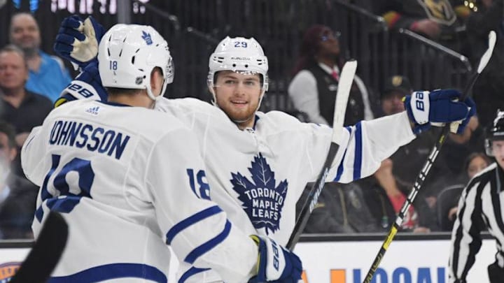 Andreas Johnsson #18 and William Nylander #29 of the Toronto Maple Leafs celebrate after Nylander assisted Johnsson on first-period power-play goal against the Vegas Golden Knights during their game at T-Mobile Arena. (Photo by Ethan Miller/Getty Images)