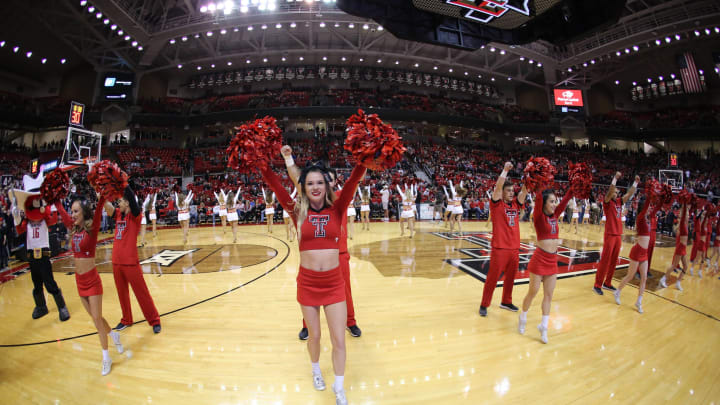 Feb 16, 2019; Lubbock, TX, USA; The Texas Tech Red Raiders cheerleaders entertain the crowd during the game against the Baylor Bears at United Supermarkets Arena. Mandatory Credit: Michael C. Johnson-USA TODAY Sports