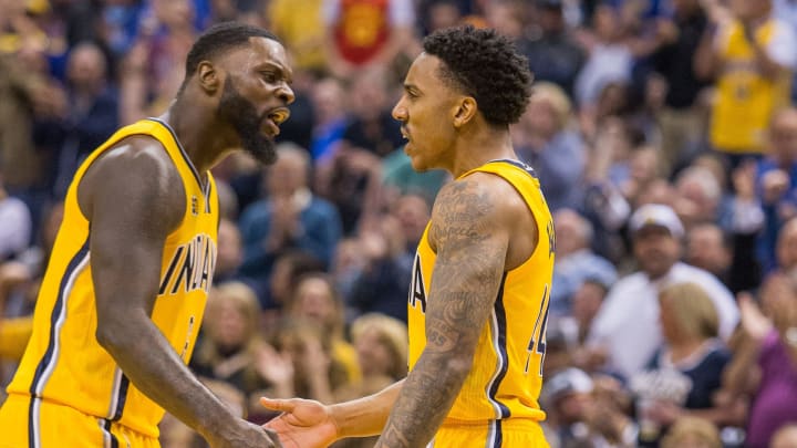 Apr 4, 2017; Indianapolis, IN, USA; Indiana Pacers guard Lance Stephenson (6) and guard Jeff Teague (44) celebrate after a shot in the second half of the game against the Toronto Raptors at Bankers Life Fieldhouse. The Pacers beat the Raptors 108-90. Mandatory Credit: Trevor Ruszkowski-USA TODAY Sports