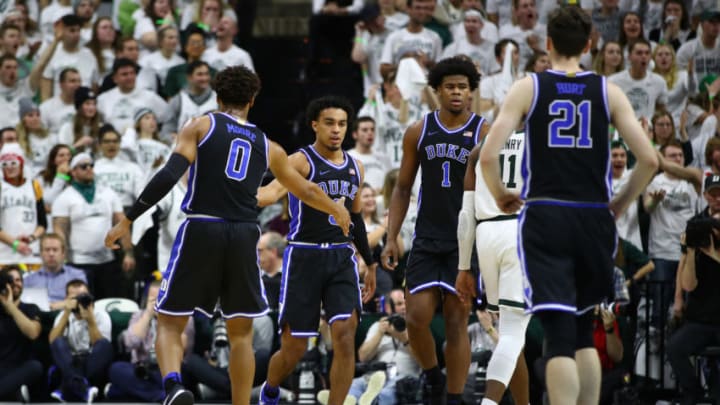 EAST LANSING, MICHIGAN - DECEMBER 03: Tre Jones #3 of the Duke Blue Devils celebrates a first half basket with teammates while playing the Michigan State Spartans at Breslin Center on December 03, 2019 in East Lansing, Michigan. (Photo by Gregory Shamus/Getty Images)