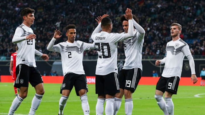 LEIPZIG, GERMANY - NOVEMBER 15, 2018: Germany's Kai Havertz, Thilo Kehrer, Serge Gnabry, Leroy Sane, and Timo Werner (L-R) celebrate a goal in a football friendly between the national men's football teams of Germany and Russia at Red Bull Arena (Zentralstadion); Germany won 3-0. Sergei Bobylev/TASS (Photo by Sergei BobylevTASS via Getty Images)