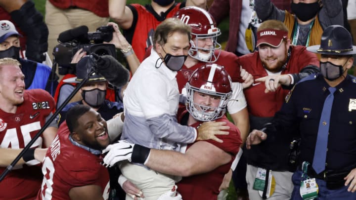 MIAMI GARDENS, FLORIDA - JANUARY 11: Head coach Nick Saban of the Alabama Crimson Tide celebrates defeating the Ohio State Buckeyes in the College Football Playoff National Championship game at Hard Rock Stadium on January 11, 2021 in Miami Gardens, Florida. (Photo by Michael Reaves/Getty Images)