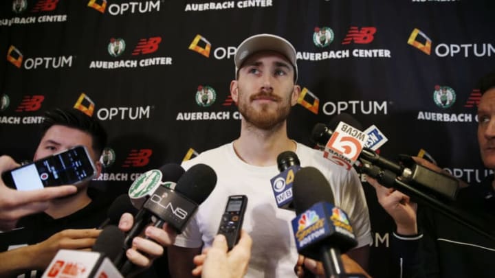 BOSTON - MAY 9: Boston Celtics' Gordon Hayward speaks to reporters at the Auerbach Center in the Brighton neighborhood of Boston on May 9, 2019. Celtics players are cleaning out their lockers following their elimination at the hands of the Milwaukee Bucks in the NBA Eastern Conference Semi-Finals the previous night. (Photo by Jessica Rinaldi/The Boston Globe via Getty Images)