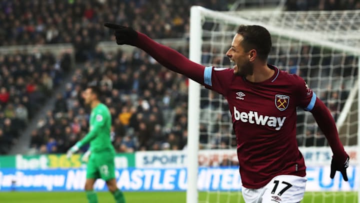 NEWCASTLE UPON TYNE, ENGLAND - DECEMBER 01: Javier Hernandez of West Ham United celebrates after he scores his sides opening goal during the Premier League match between Newcastle United and West Ham United at St. James Park on December 1, 2018 in Newcastle upon Tyne, United Kingdom. (Photo by Ian MacNicol/Getty Images)