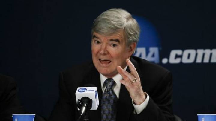 Apr 6, 2014; Arlington, TX, USA; NCAA president Mark Emmert speaks at a press conference before the national championship game between the Kentucky Wildcats and the Connecticut Huskies at AT&T Stadium. Mandatory Credit: Kevin Jairaj-USA TODAY Sports