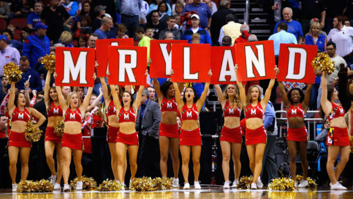 LOUISVILLE, KY - MARCH 24: Maryland Terrapins cheerleaders perform during the game between the Kansas Jayhawks and the Maryland Terrapins in the 2016 NCAA Men's Basketball Tournament South Regional at KFC YUM! Center on March 24, 2016 in Louisville, Kentucky. (Photo by Kevin C. Cox/Getty Images)