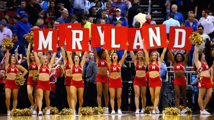 LOUISVILLE, KY - MARCH 24: Maryland Terrapins cheerleaders perform during the game between the Kansas Jayhawks and the Maryland Terrapins in the 2016 NCAA Men's Basketball Tournament South Regional at KFC YUM! Center on March 24, 2016 in Louisville, Kentucky. (Photo by Kevin C. Cox/Getty Images)