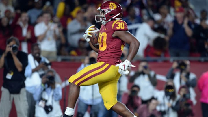 October 19, 2019; Los Angeles, CA, USA; Southern California Trojans running back Markese Stepp (30) runs the ball in for a touchdown against the Arizona Wildcats during the first half at the Los Angeles Memorial Coliseum. Mandatory Credit: Gary A. Vasquez-USA TODAY Sports