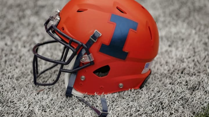 CHAMPAIGN, IL - SEPTEMBER 01: An Illinois Fighting Illini helmet is seen on the sidelines during the game against the Kent State Golden Flashes at Memorial Stadium on September 1, 2018 in Champaign, Illinois. (Photo by Michael Hickey/Getty Images)