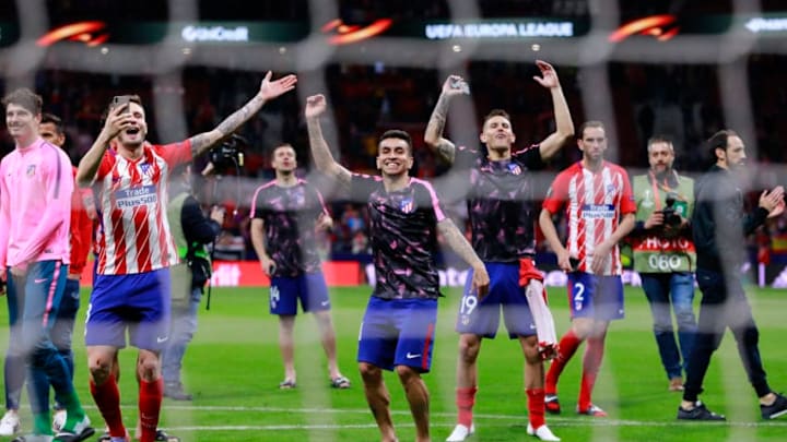 MADRID, SPAIN - MAY 03: Atletico Madrid celebrate victory during the UEFA Europa League Semi Final second leg match between Atletico Madrid and Arsenal FC at Estadio Wanda Metropolitano on May 3, 2018 in Madrid, Spain. (Photo by Gonzalo Arroyo Moreno/Getty Images)