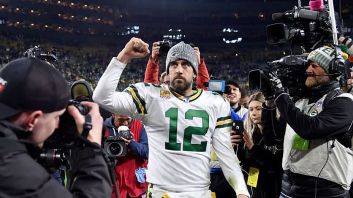 GREEN BAY, WISCONSIN - OCTOBER 14: Aaron Rodgers #12 of the Green Bay Packers reacts after the game against the Detroit Lions at Lambeau Field on October 14, 2019 in Green Bay, Wisconsin. (Photo by Quinn Harris/Getty Images)