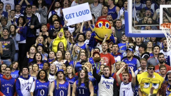 LAWRENCE, KS - FEBRUARY 3: Kansas Jayhawks fans cheer on their team during a game against the Oklahoma State Cowboys in the second half at Allen Fieldhouse on February 3, 2018 in Lawrence, Kansas. (Photo by Ed Zurga/Getty Images)