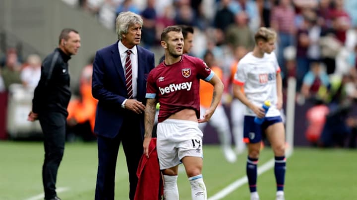 LONDON, ENGLAND - AUGUST 18: Manuel Pellegrini, Manager of West Ham United talks with Jack Wilshere of West Ham United during the Premier League match between West Ham United and AFC Bournemouth at London Stadium on August 18, 2018 in London, United Kingdom. (Photo by Henry Browne/Getty Images)