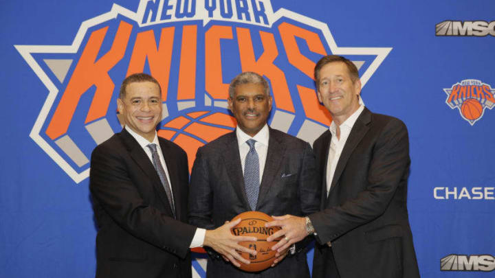 GREENBURG, NY - JULY 17: New York Knicks team President, Steve Mills and Jeff Hornacek of the New York Knicks introduce General Manager Scott Perry at a pess conference at the at Knicks Practice Center July 17, 2017 in Greenburg, New York. NOTE TO USER: User expressly acknowledges and agrees that, by downloading and/or using this photograph, user is consenting to the terms and conditions of the Getty Images License Agreement. Mandatory Copyright Notice: Copyright 2017 NBAE (Photo by Steven Freeman/NBAE via Getty Images)