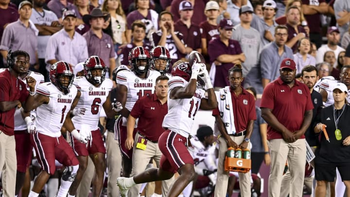 Oct 23, 2021; College Station, Texas, USA; South Carolina Gamecocks running back ZaQuandre White (11) receives a pass during the third quarter against the Texas A&M Aggies at Kyle Field. Mandatory Credit: Maria Lysaker-USA TODAY Sports