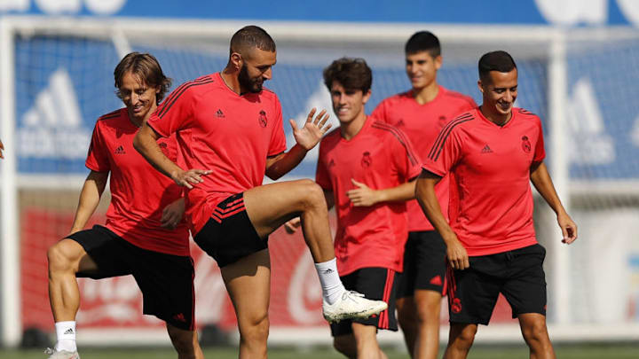 MADRID, SPAIN - SEPTEMBER 18: Karim Benzema of Real Madrid exercises during a training session at Valdebebas training ground on September 18, 2018 in Madrid, Spain. (Photo by Angel Martinez/Real Madrid via Getty Images)