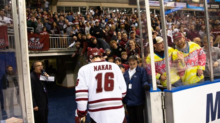 MANCHESTER, NH – MARCH 30: Cale Makar #16 of the Massachusetts Minutemen exits the ice after a game against the Notre Dame Fighting Irish during the NCAA Division I Men’s Ice Hockey Northeast Regional Championship final at the SNHU Arena on March 30, 2019 in Manchester, New Hampshire. The Minutemen won 4-0 to advance to the Frozen Four for the first time in school history. (Photo by Richard T Gagnon/Getty Images)