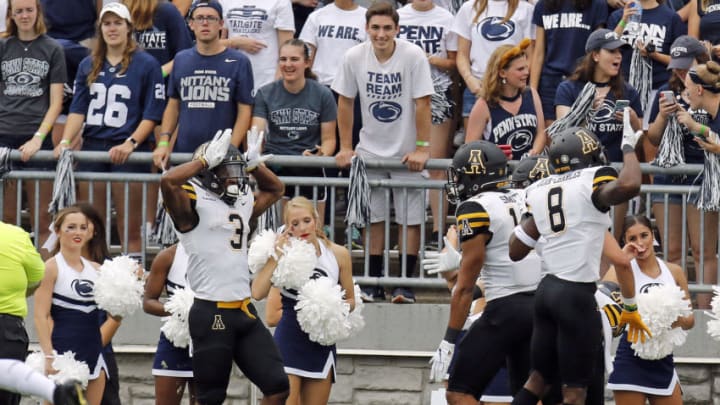 STATE COLLEGE, PA - SEPTEMBER 01: Darrynton Evans #3 of the Appalachian State Mountaineers celebrates after scoring on a 100 yard kick return for a touchdown against the Penn State Nittany Lions on September 1, 2018 at Beaver Stadium in State College, Pennsylvania. (Photo by Justin K. Aller/Getty Images)