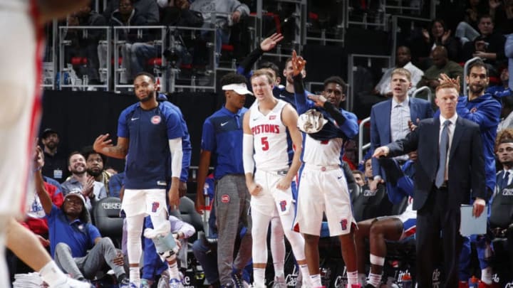 DETROIT, MI - OCTOBER 23: Luke Kennard #5 of the Detroit Pistons reacts against the Philadelphia 76ers on October 23, 2018 at Little Caesars Arena in Auburn Hills, Michigan. NOTE TO USER: User expressly acknowledges and agrees that, by downloading and/or using this photograph, User is consenting to the terms and conditions of the Getty Images License Agreement. Mandatory Copyright Notice: Copyright 2018 NBAE (Photo by Brian Sevald/NBAE via Getty Images)