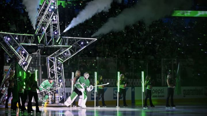 May 25, 2023; Dallas, Texas, USA; Dallas Stars goaltender Jake Oettinger (29) and center Joe Pavelski (16) take the ice to face the Vegas Golden Knights in game four of the Western Conference Finals of the 2023 Stanley Cup Playoffs at American Airlines Center. Mandatory Credit: Jerome Miron-USA TODAY Sports