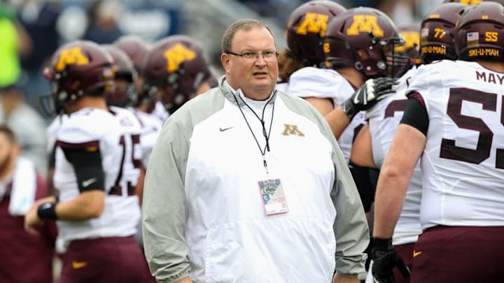 Oct 1, 2016; University Park, PA, USA; Minnesota Golden Gophers head coach Tracy Claeys walks on the field prior to the game against the Penn State Nittany Lions at Beaver Stadium. Mandatory Credit: Matthew O