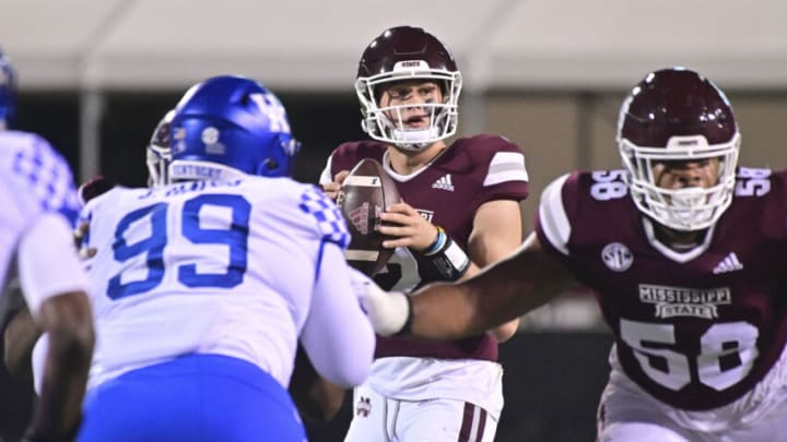 Oct 30, 2021; Starkville, Mississippi, USA; Mississippi State Bulldogs quarterback Will Rogers (2) looks to make a pass against the Kentucky Wildcats during the first quarter at Davis Wade Stadium at Scott Field. Mandatory Credit: Matt Bush-USA TODAY Sports