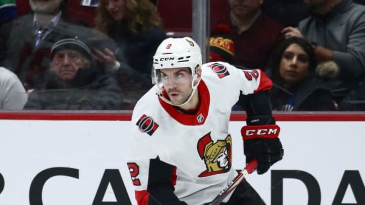 VANCOUVER, BC - DECEMBER 3: Dylan DeMelo #2 of the Ottawa Senators skates up ice during their NHL game against the Vancouver Canucks at Rogers Arena December 3, 2019 in Vancouver, British Columbia, Canada. (Photo by Jeff Vinnick/NHLI via Getty Images)"n