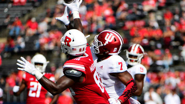 PISCATAWAY, NJ - SEPTEMBER 29: Jerome Washington #88 of the Rutgers Scarlet Knights has a pass blocked by Reakwon Jones #7 of the Indiana Hoosiers during the fourth quarter at HighPoint.com Stadium on September 29, 2018 in Piscataway, New Jersey. Indiana won 24-17. (Photo by Corey Perrine/Getty Images)