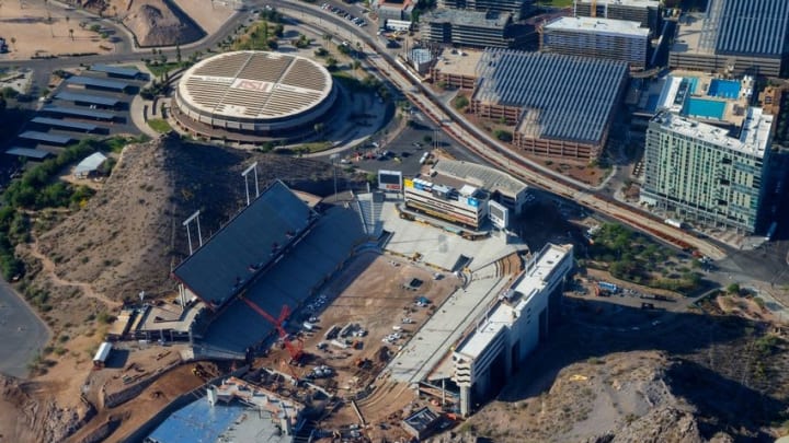 Jun. 2, 2016; Tempe, AZ, USA; Aerial view of construction at Sun Devil Stadium home of the Arizona State Sun Devils football team. Also visible is the Wells Fargo Arena (top left) home of the mens and women basketball teams. Mandatory Credit: Mark J. Rebilas-USA TODAY Sports