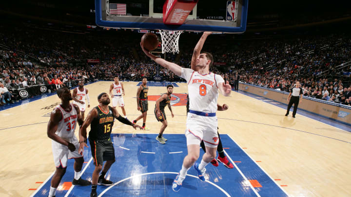 NEW YORK, NY – OCTOBER 17: Mario Hezonja #8 of the New York Knicks shoots the ball against the Atlanta Hawks during the game on October 17, 2018 at Madison Square Garden in New York City, New York. NOTE TO USER: User expressly acknowledges and agrees that, by downloading and or using this photograph, User is consenting to the terms and conditions of the Getty Images License Agreement. Mandatory Copyright Notice: Copyright 2018 NBAE (Photo by Nathaniel S. Butler/NBAE via Getty Images)