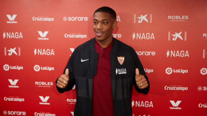 SEVILLE, SPAIN – JANUARY 26: Anthony Martial is presented as new Sevilla FC player at Estadio Ramon Sanchez Pizjuan on January 26, 2022 in Seville, Spain. (Photo by Fran Santiago/Getty Images)