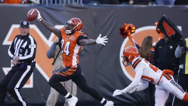 CINCINNATI, OH - NOVEMBER 26: Adam Jones #24 of the Cincinnati Bengals reacts after returning a punt for a touchdown against the Cleveland Browns in the first half of a game at Paul Brown Stadium on November 26, 2017 in Cincinnati, Ohio. The returns was nullified by a penalty but the Bengals won 30-16. (Photo by Joe Robbins/Getty Images)
