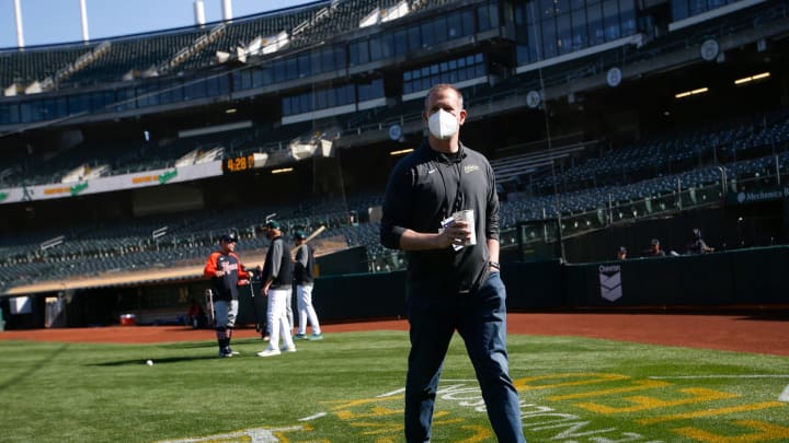 OAKLAND, CA – April 16: General Manager David Forst of the Oakland Athletics on the field before the game against the Detroit Tigers at RingCentral Coliseum on April 16, 2021 in Oakland, California. The Athletics defeated the Tigers 3-0. (Photo by Michael Zagaris/Oakland Athletics/Getty Images)