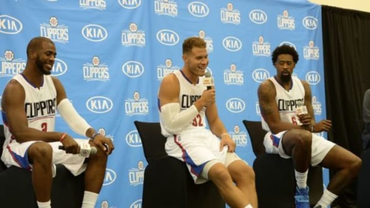 Sep 25, 2015; Los Angeles, CA, USA; Los Angeles Clippers guard Chris Paul (3), forward Blake Griffin (32), and center DeAndre Jordan (6) during media day at the Clipper Training Facility in Playa Vista. Mandatory Credit: Jayne Kamin-Oncea-USA TODAY Sports