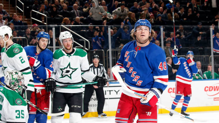 NEW YORK, NY – FEBRUARY 03: Brendan Lemieux #48 of the New York Rangers reacts after scoring a goal in the third period against the Dallas Stars at Madison Square Garden on February 3, 2020 in New York City. (Photo by Jared Silber/NHLI via Getty Images)