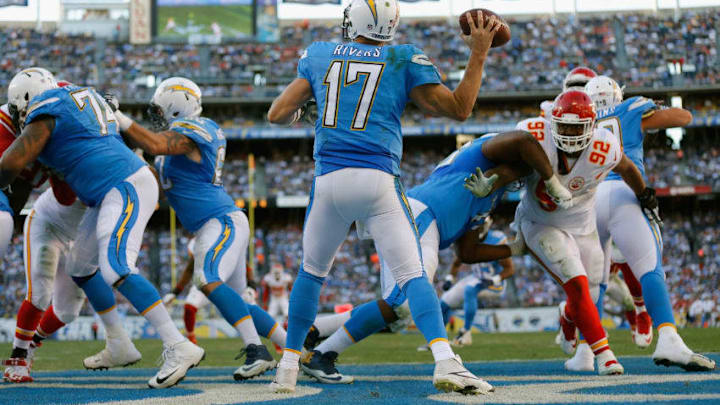 SAN DIEGO, CA - NOVEMBER 22: Philip Rivers #17 of the San Diego Chargers passes the ball during the second half of a game against the Kansas City Chiefs at Qualcomm Stadium on November 22, 2015 in San Diego, California. (Photo by Sean M. Haffey/Getty Images)