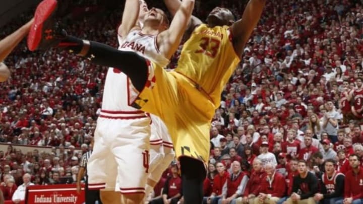 Mar 6, 2016; Bloomington, IN, USA; Maryland Terrapins center Diamond Stone (33) battles for a rebound against Indiana Hoosiers forward Max Bielfeldt (0) at Assembly Hall. Indiana defeats Maryland 80-62. Mandatory Credit: Brian Spurlock-USA TODAY Sports