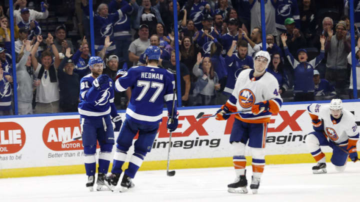 Nov 15, 2021; Tampa, Florida, USA; Tampa Bay Lightning center Steven Stamkos (91) is congratulated by defenseman Victor Hedman (77) as he scored a goal against the New York Islanders during the third period at Amalie Arena. Mandatory Credit: Kim Klement-USA TODAY Sports