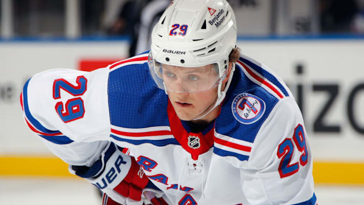 ELMONT, NEW YORK - NOVEMBER 24: Dryden Hunt #29 of the New York Rangers skates against the New York Islanders at the UBS Arena on November 24, 2021 in Elmont, New York. (Photo by Bruce Bennett/Getty Images)