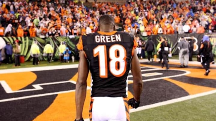 Jan 9, 2016; Cincinnati, OH, USA; Cincinnati Bengals wide receiver A.J. Green (18) walks off the field after the AFC Wild Card playoff football game against the Pittsburgh Steelers at Paul Brown Stadium. Mandatory Credit: Aaron Doster-USA TODAY Sports
