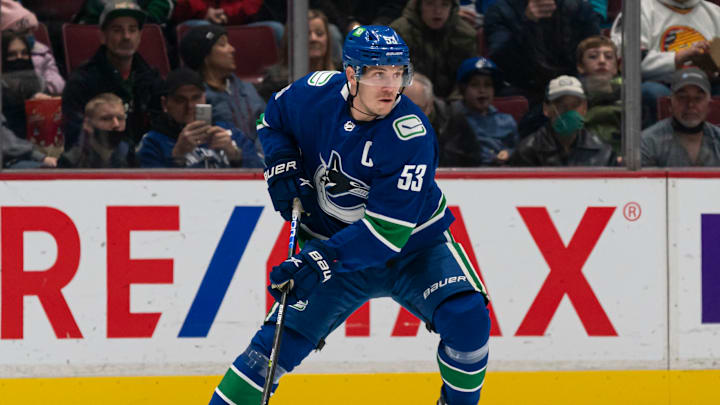 VANCOUVER, BC – NOVEMBER 2: Bo Horvat #53 of the Vancouver Canucks skates with the puck during NHL action against the New York Rangers on November 2, 2021, at Rogers Arena in Vancouver, British Columbia, Canada. (Photo by Rich Lam/Getty Images)